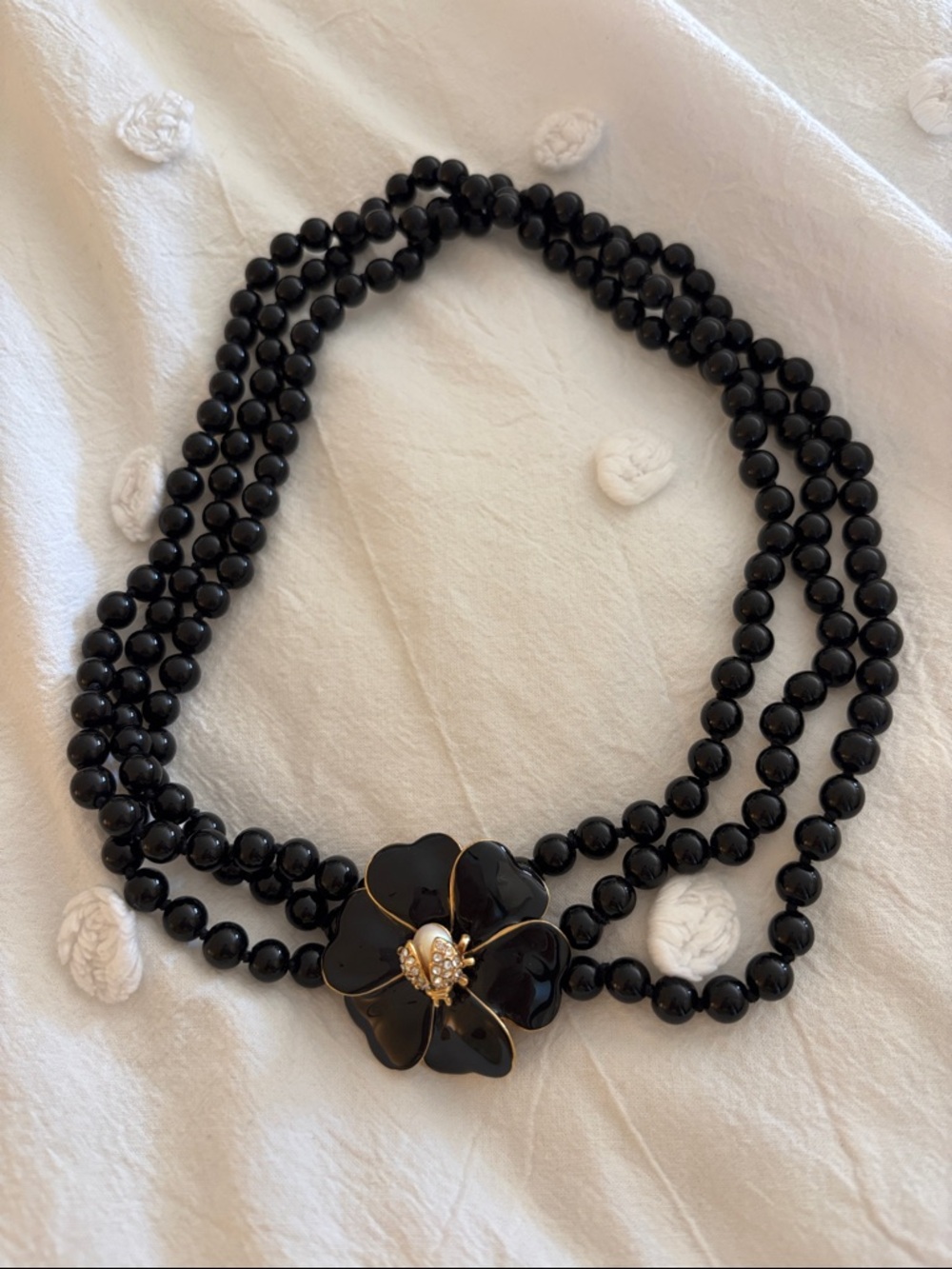 Stella & Dot Black Triple-Strand Beaded Necklace with Floral Clasp